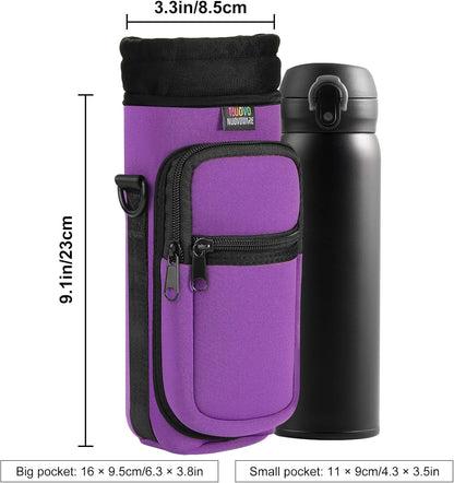 Nuovoware Water Bottle Carrier Bag,25oz/40oz/64oz Bottle Pouch Holder,Adjustable Shoulder Hand Strap 2 Pocket Sling Neoprene Sleeve Sports Accessories for Hiking Travelling Camping