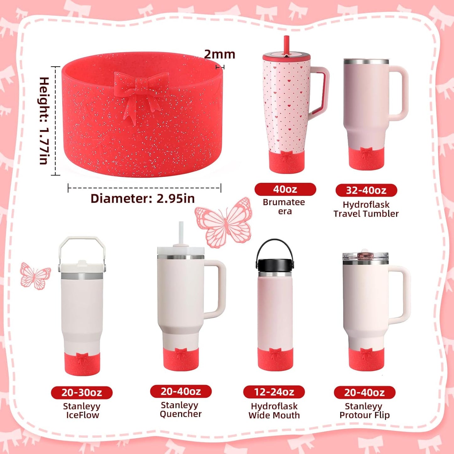 2PCS Bow Silicone Boot for Stanley Quencher Tumbler 30oz 40oz & IceFlow 20oz 30oz& Hydro Flask Water Bottle 12-24 oz Protective Bottom Sleeve Cover for Stanley Cup Accessories& Owala 24oz