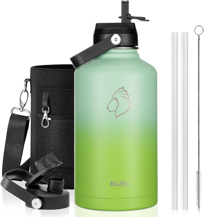 BUZIO 40oz Insulated Water Bottle, Triple Wall Vacuum Stainless Steel Water Flask with 2 lids, Lead-Free BPA-Free Straw Lid Sports Canteen Jug, Cold 48H & Hot 24H- Black - Colors A