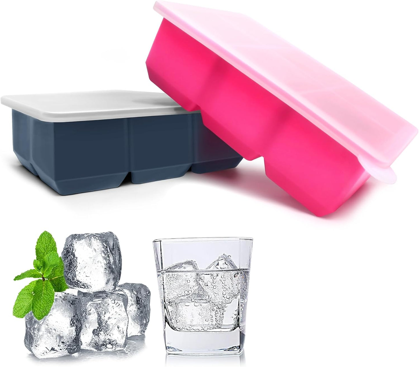 Excnorm Silicone Ice Cube Trays 3 Pack - Large Size Silicone Ice Cube Molds with Leak Proof Removable Lid Square Ice Cube Tray And BPA Free for Cocktail,Whiskey, Stackable Flexible Ice