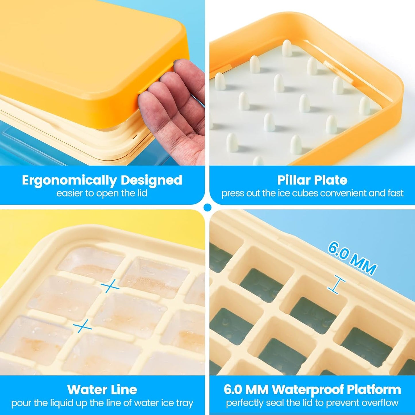 Ice Cube Tray with Lid and Bin, PHINOX 56 pcs Ice Trays for Freezer, Ice Cube Trays for Freezer with 2 trays, Container, Lid & Ice Scoop, BPA Free