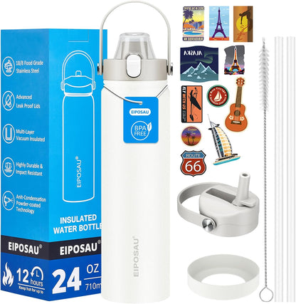 Insulated Water Bottle with Lid & Boot & Stickers, 24 oz Stainless Steel Sweat Free Bottle Keep Cold 24H, BPA-Free Sports Wide Mouth Water Bottle, BlueBlack
