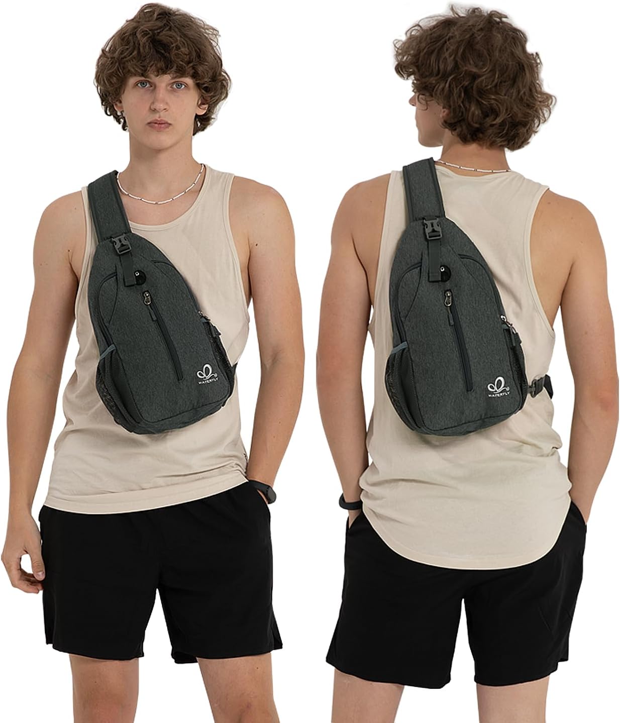 WATERFLY Crossbody Sling Backpack Sling Bag Travel Hiking Chest Bag Daypack (Black)