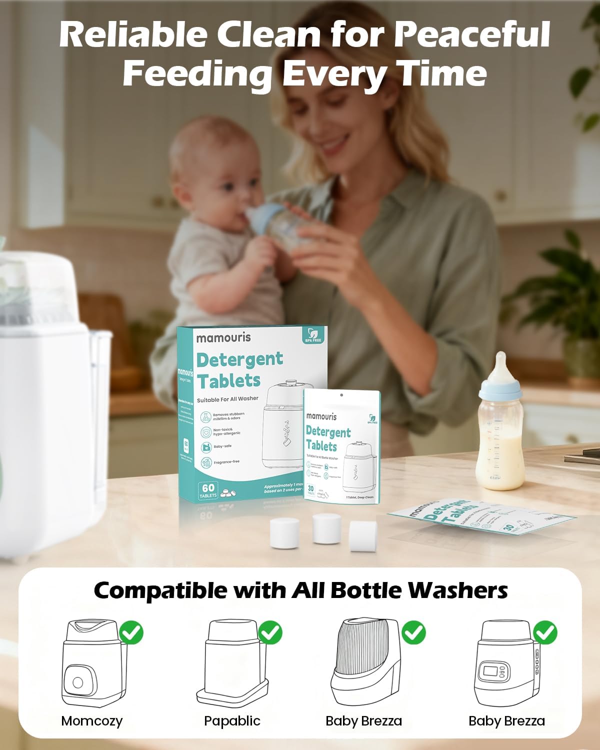 150PCS Official Detergent Cleaning Tablets: for Baby Brezza Grownsy Papablic Momfann Bottle Washer - Baby Bottle Washer Tablets for All Brands Bottles Washers Machines