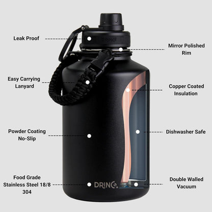 Drinco Stainless Steel Water Bottle Spout Lid Vacuum Insulated Double Wall Water Bottle Wide Mouth (40oz 32oz 22oz 18oz 14oz) Leak Proof Keep Cold Sport Camping Hiking (22 oz, 22oz Black)