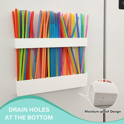 9.5' Cabinet Door Straw Rack, Super Sticky Squares, Adjustable Reusable Straw Dispenser, Kitchen Storage Accessory for Cabinets, Counters, and RVs