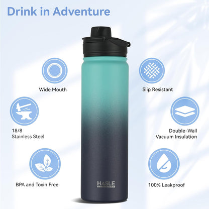 HASLE OUTFITTERS 32 oz Insulated Water Bottle Stainless Steel Double Walled Vacuum Sports Water Bottle with 2 Lids (Straw and Spout Lid) for Gym Camping Hiking(Black,1)