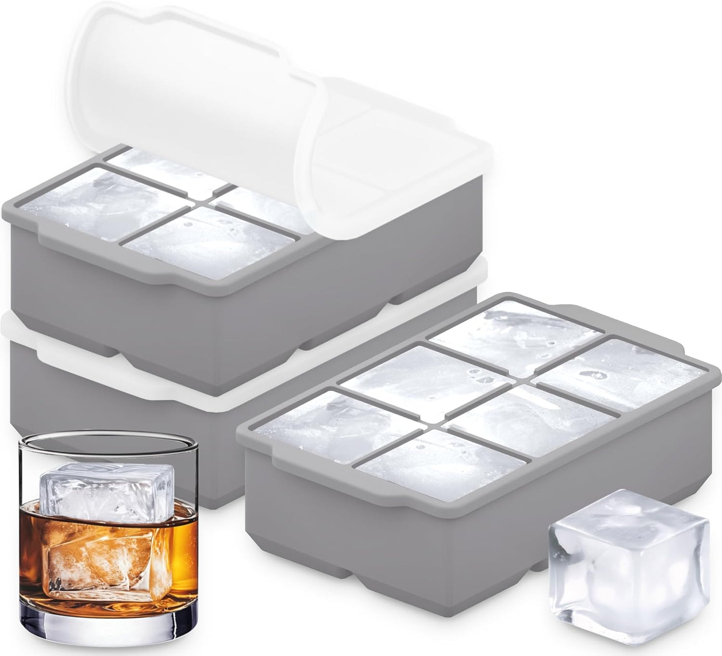 KitchFort Large Silicone Ice Cube Tray (2-Pack), Easy Release 2" Big Ice Cubes - Cocktail, Whiskey Ice Cubes Mold - Ice Trays for Freezer with Lid - Stackable Silicone Ice Tray - Black