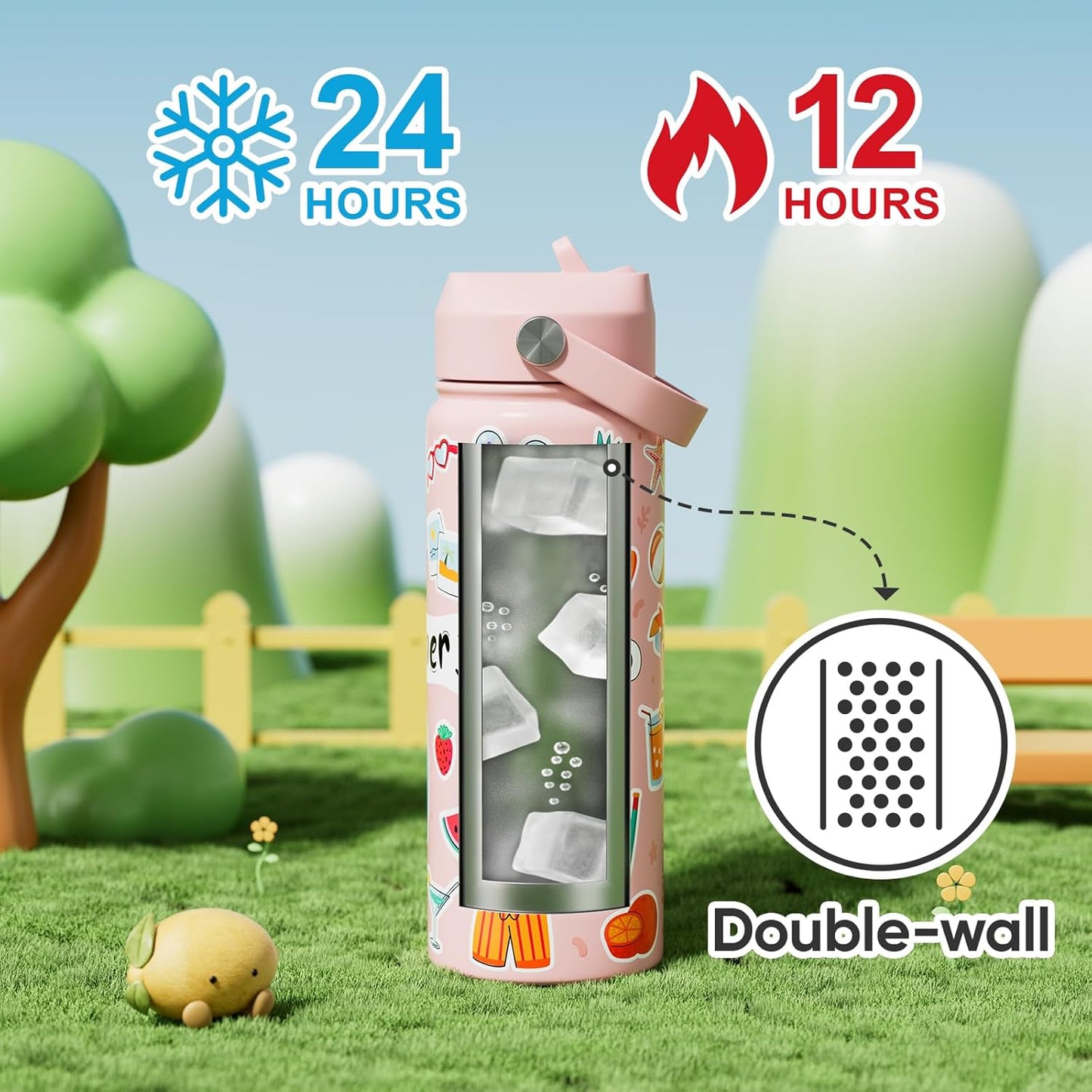 KEWIXY Kids Water Bottle for School, Easy Slide Lid, Leak Proof, Keep Cold 24H, Vacuum Insulated Tumbler, Metal Stainless Steel with Straw and Handle, for Boys&Girls (18OZ, Candy Pink)