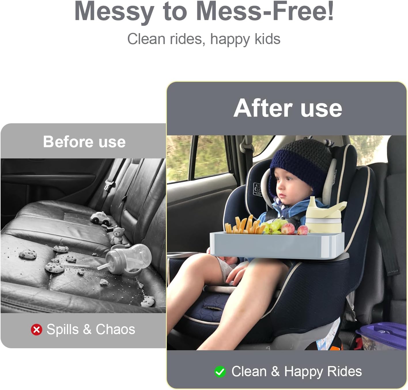 Car Seat Snack Tray for Toddlers - 3 Inch Cup Holder Fits Most Sippy Cups & Straw Bottles with Dip Well, Mess-Free Square Kids Travel Tray Road Trip Essentials, Black