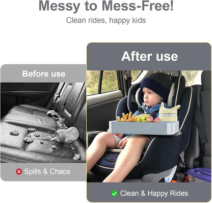 Car Seat Snack Tray for Toddlers - 3 Inch Cup Holder Fits Most Sippy Cups & Straw Bottles with Dip Well, Mess-Free Square Kids Travel Tray Road Trip Essentials, Black