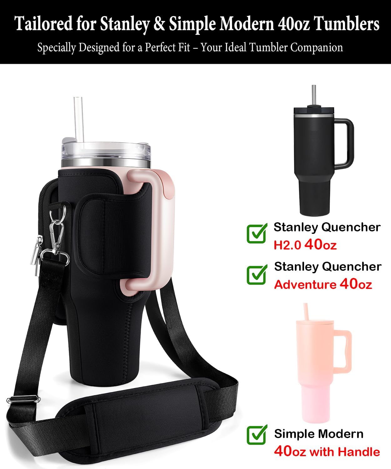 Carrier Bag with Phone Pocket for Stanley 40 oz Tumbler with Handle & Simple Modern 40oz Tumbler - Water Bottle Sling Sleeve Holder for Stanley Cup Accessories with Adjustable Shoulder & Hand Strap