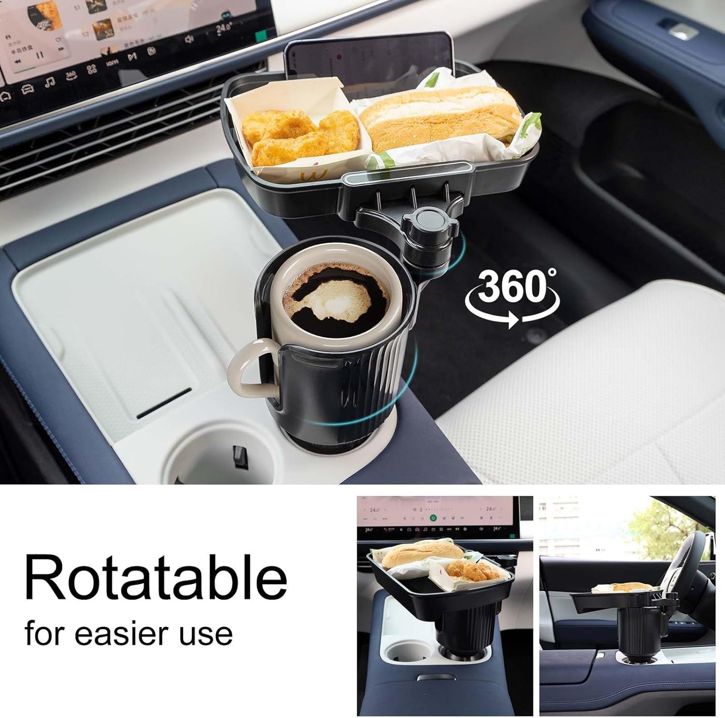 Car Large Cup Holder Expander, 5-in-1 Cupholder Extender with Phone Holder & Swivel and Detachable Snack Food Tray Table for Eating, Travel Essentials for Road Trips for Driver. Model C