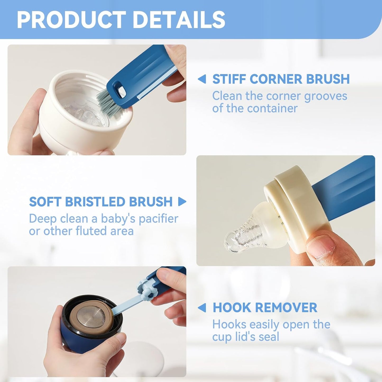 3 in 1 Cup Lid Gap Cleaning Brush Set, Multifunctional Bottle Cleaning Brush, Cup Lid Gap Cleaner, Home Kitchen Crevice Brush Tools(Multicolor)