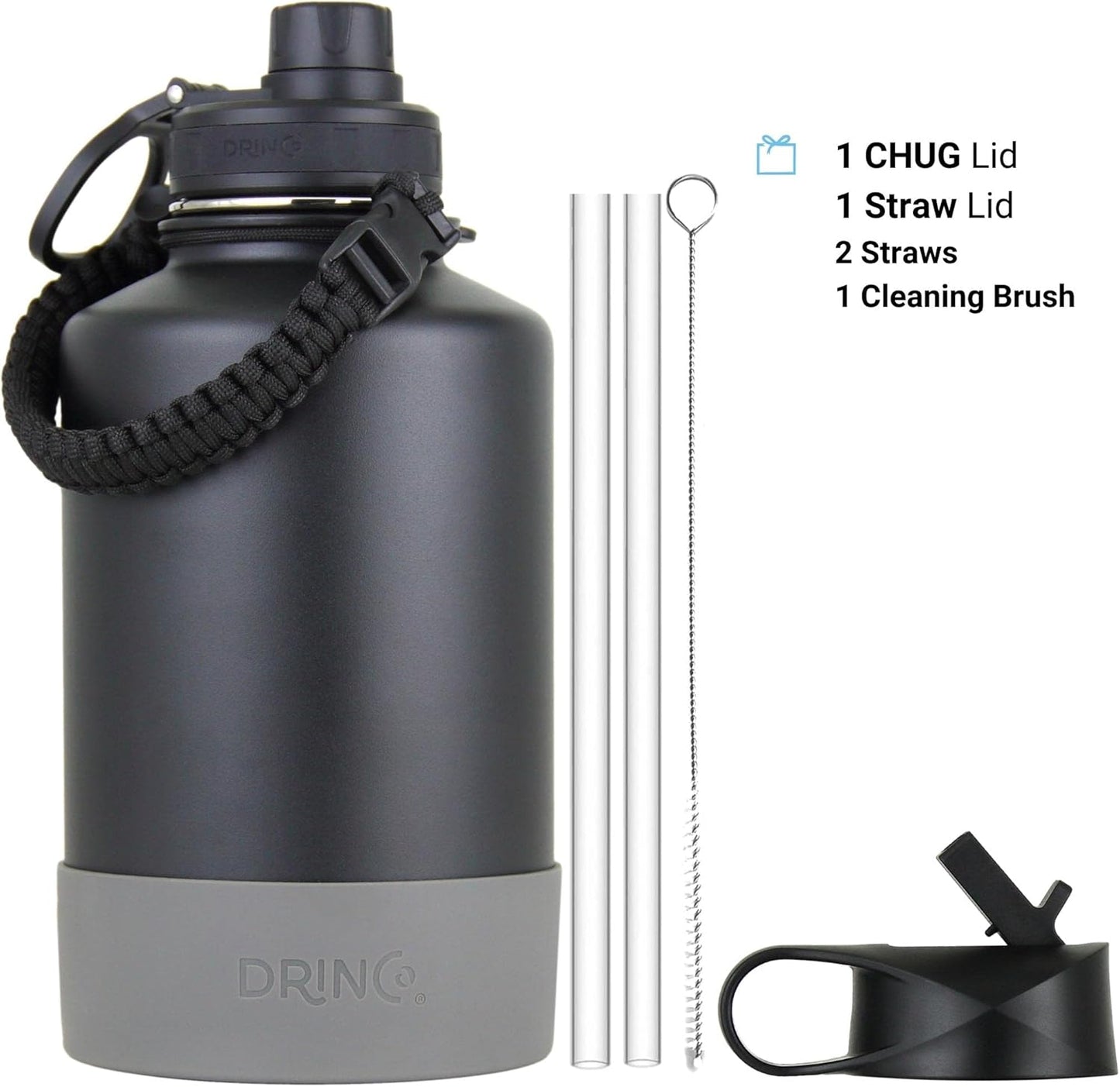 Drinco Stainless Steel Water Bottle Spout Lid Vacuum Insulated Double Wall Water Bottle Wide Mouth (40oz 32oz 22oz 18oz 14oz) Leak Proof Keep Cold Sport Camping Hiking (22 oz, 22oz Black)