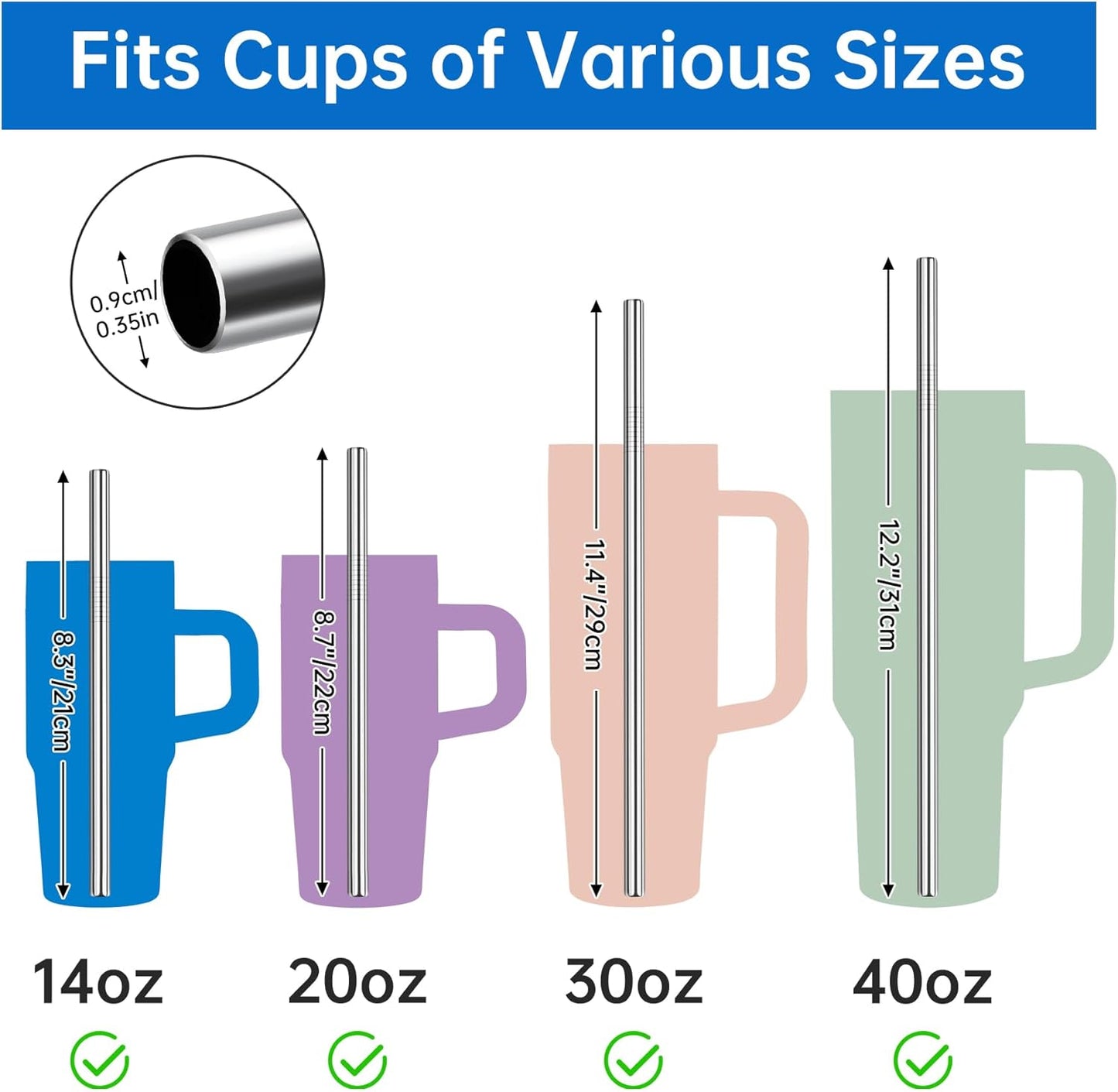 NiHome 8PCS Stainless Steel Straws Fit for Stanley 40oz 30oz 20oz 14oz Tumblers, 4 Lengths Reusable Drinking Straws with Cleaning Brushes and Pouch, 9mm Wide Straws for Boba, Smoothie, Dishwasher Safe