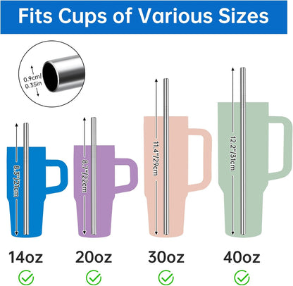 NiHome 8PCS Stainless Steel Straws Fit for Stanley 40oz 30oz 20oz 14oz Tumblers, 4 Lengths Reusable Drinking Straws with Cleaning Brushes and Pouch, 9mm Wide Straws for Boba, Smoothie, Dishwasher Safe
