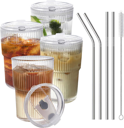 HIGIINC Iced Coffee Cups With Lids and Straws 4 Pcs, 16 OZ Unbreakable Glasses Drinking Set,Clear Plastic Cups Reusable Iced Coffee Tumbler with Lid and Straw, To Go Coffee Cups Dishwasher Safe