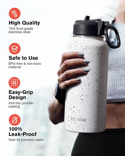 Half Gallon Water Bottle Insulated with Straw & 3 Lids, Coolflask 64 oz Water Jug Large Metal Stainless Steel Wide Mouth for Sports, Gym or Office, Non-BPA Keep Cold 48H Hot 24H, Samurai Cyan