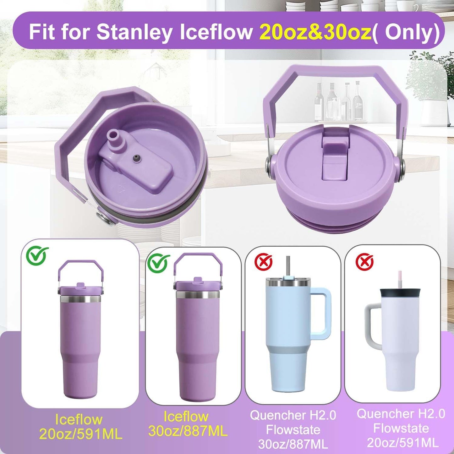 2-Pack Replacement Flip Straw Lids for Stanley IceFlow Tumbler 30oz and 20oz, Spill-Proof Cap with 2 Reusable Straws & 2 Cleaning Brushes, BPA-Free, Easy to Clean