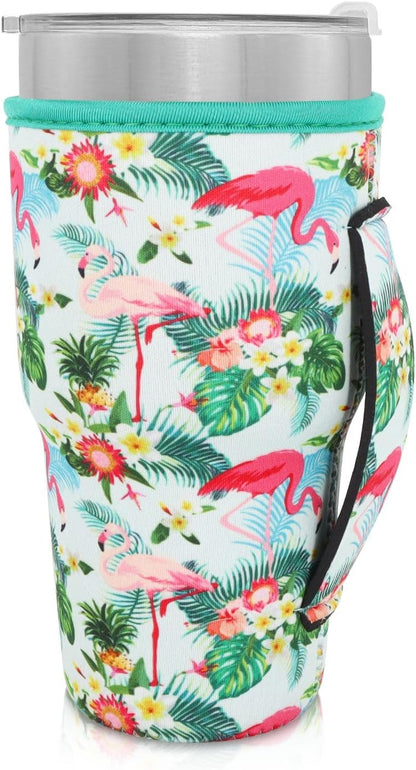 Reusable Iced Coffee Cup Sleeve Neoprene Insulated Sleeves Cup Holder with handle Idea for 30oz - 32oz Tumbler Cups, Protein Shake Bottles(Only Cup Sleeves), Black - Colors A
