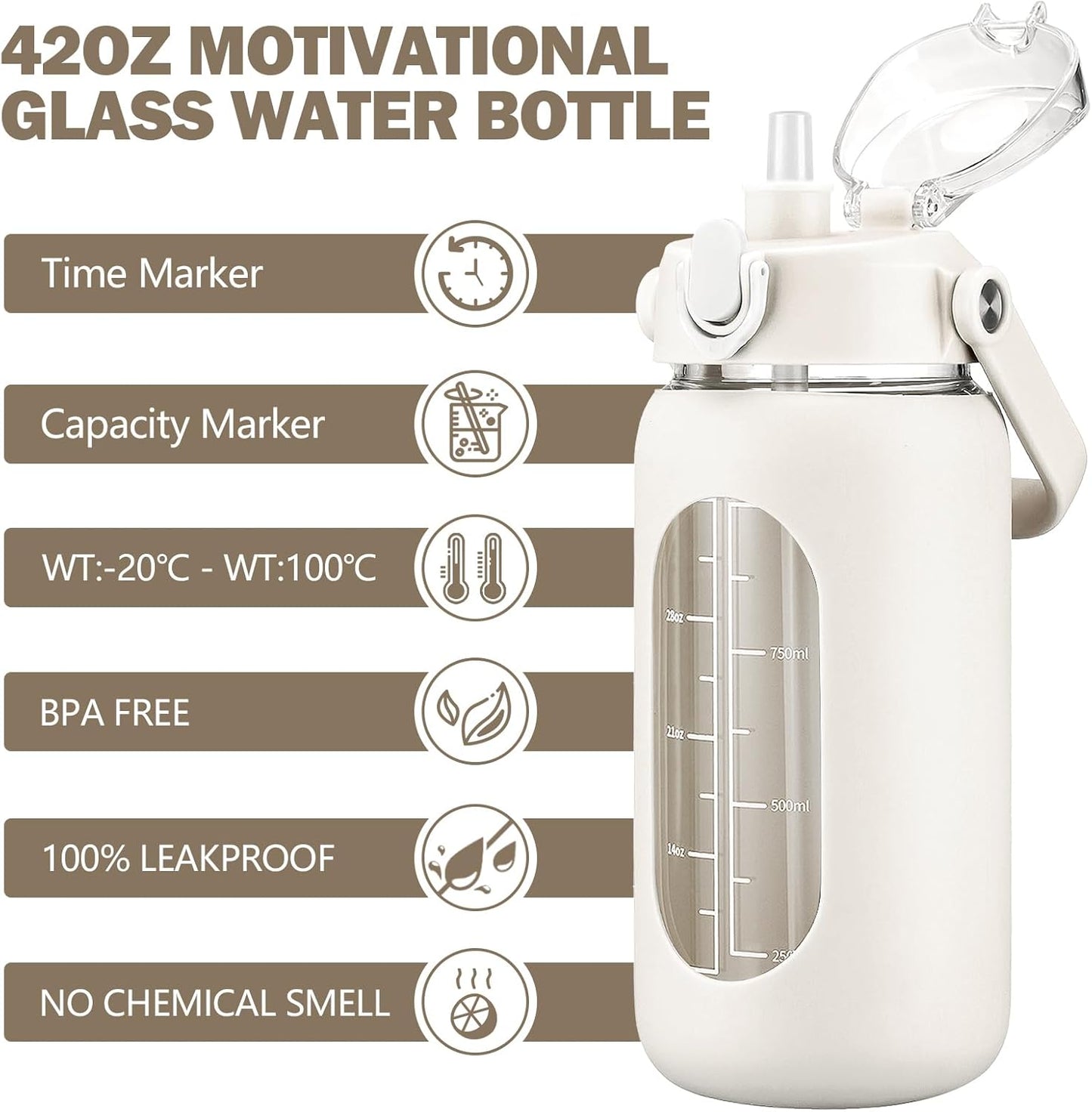64oz Glass Water Bottles with Straw, Half Gallon Motivational Glass Bottle with Silicone Sleeve and Time Marker, 2L Leakproof Large Glass Water Jug for Gym Home Office,olive