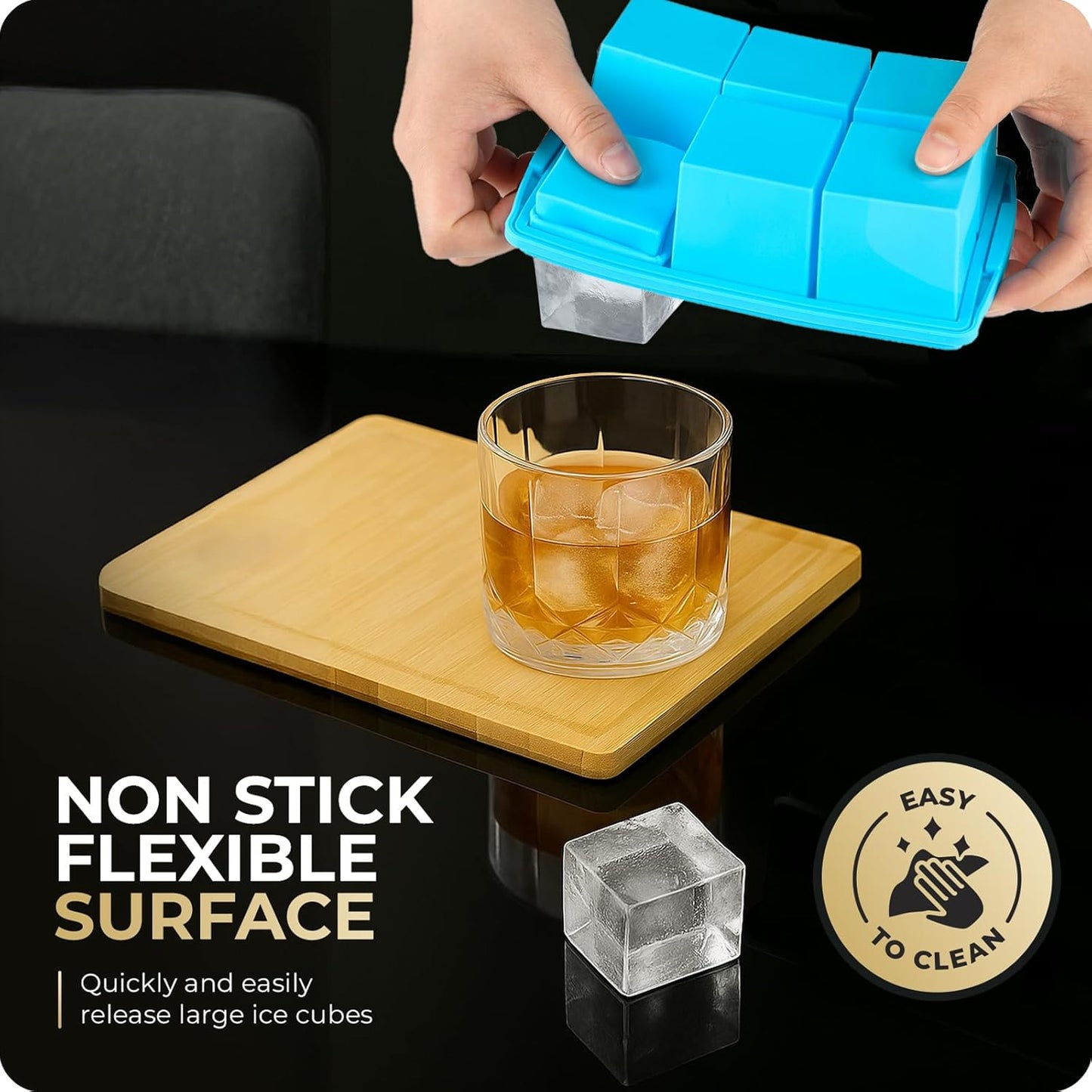Large Ice Cube Trays for Whiskey, Silicone Ice Cube Tray, with Reinforced Steel Ring Top, Makes 12 perfect 2-in ice cubes, Square Ice Tray for Cocktails, Whiskey, Coffee. (2 Pack)
