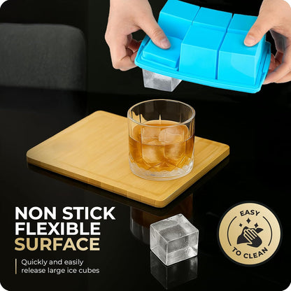 Large Ice Cube Trays for Whiskey, Silicone Ice Cube Tray, with Reinforced Steel Ring Top, Makes 12 perfect 2-in ice cubes, Square Ice Tray for Cocktails, Whiskey, Coffee. (2 Pack)