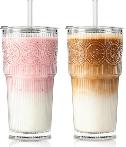 SoulTimes 20oz Ribbed & Floral Glass Tumbler Set of 2 – Reusable Glass Cups with Lid and Glass Straw, Iced Coffee Cups for Water, Smoothie, Milk, Cocktail & More – Perfect for Daily Use & Travel