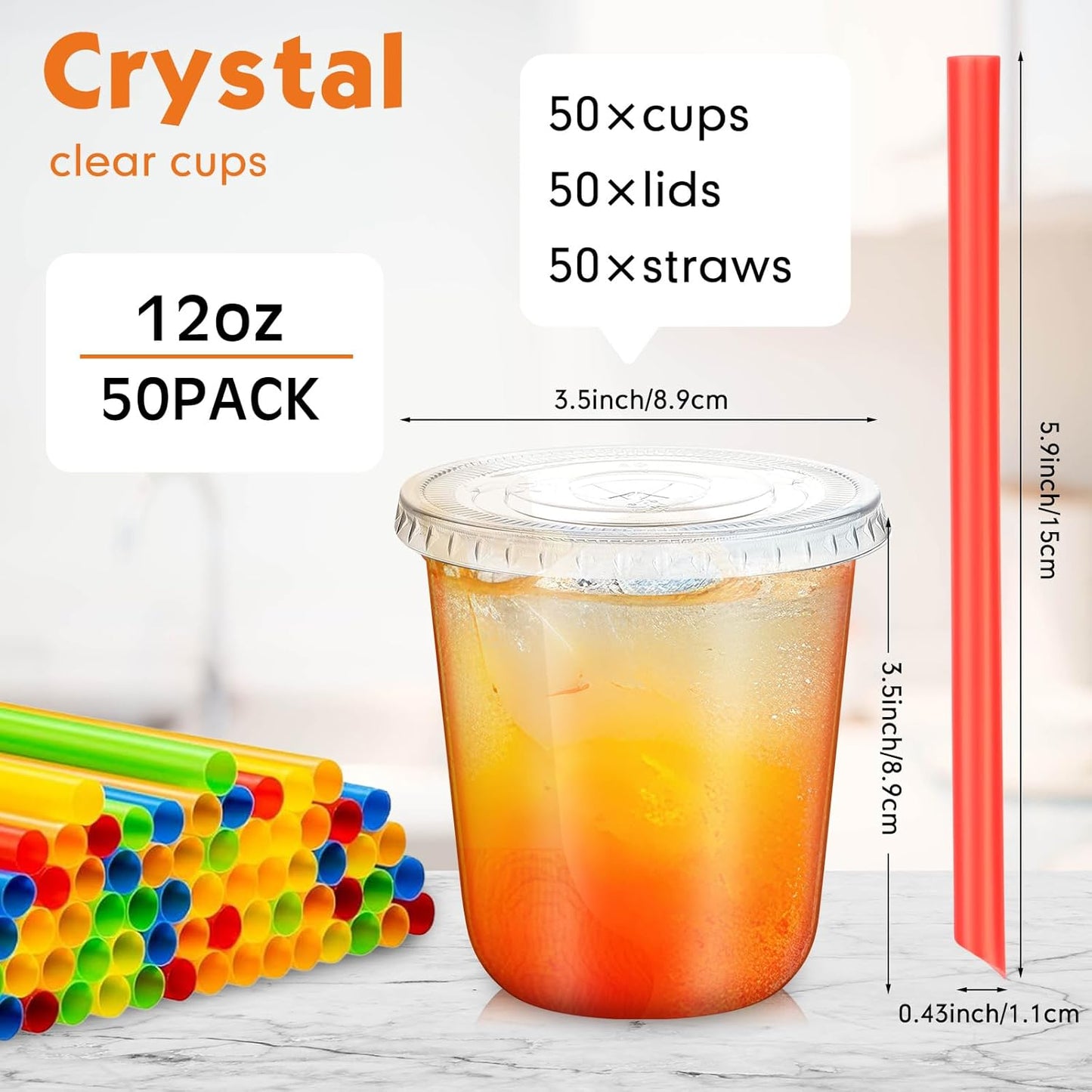 Ziliny 50 Sets 12 oz Clear Cups with Lids and Jumbo Smoothie Straws Disposable Plastic Cups for Smoothies, Bubble Milk Tea, Milkshakes, Cold Drinks (Multicolor)