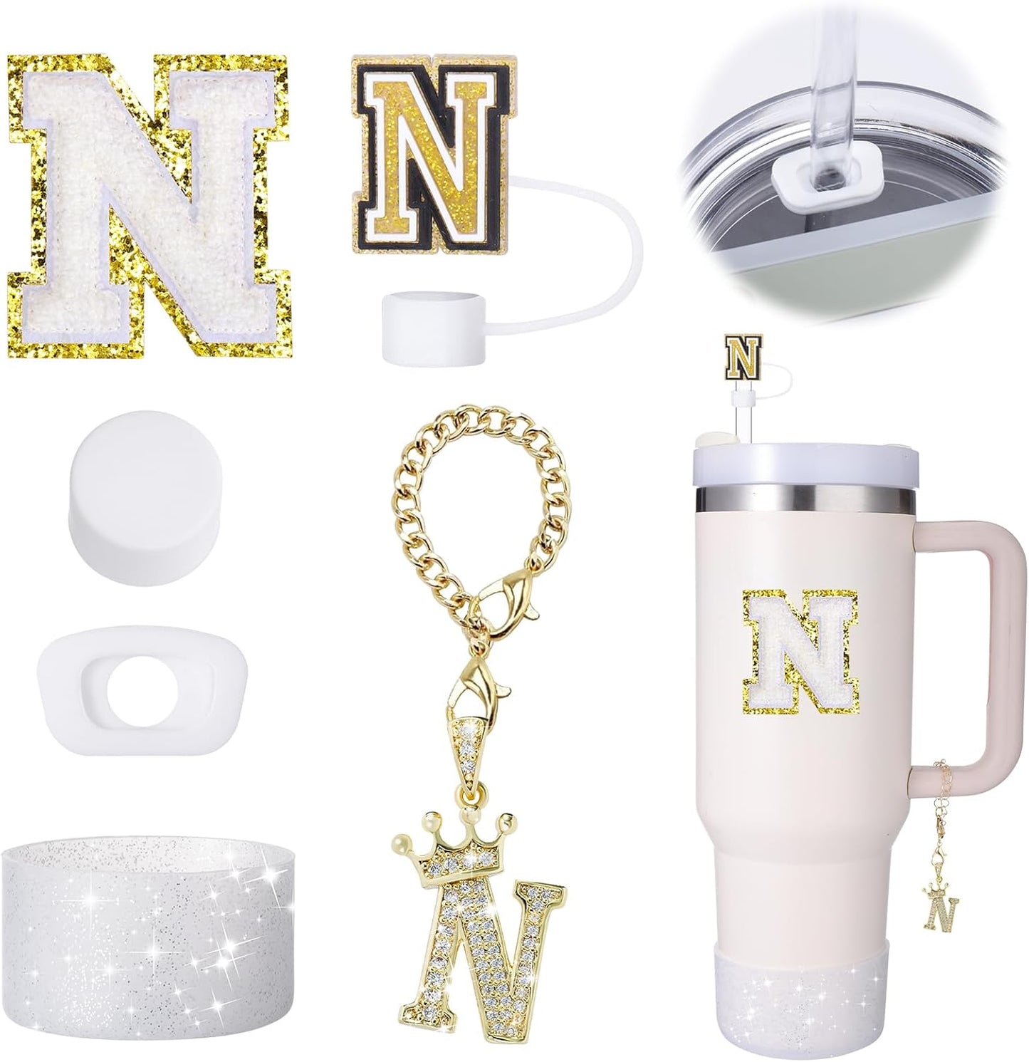 Mity Rain 6pc Cup Accessories Set for Stanley 30 oz & 40 oz Tumbler with Handle, Including Straw Cover Cap, Cup Initials Charm, Silicone Boot, Round & Square Spill Proof Stopper