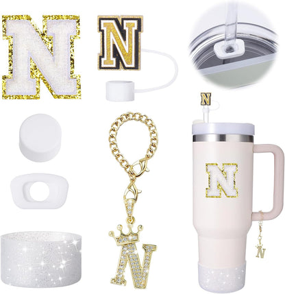 Mity Rain 6pc Cup Accessories Set for Stanley 30 oz & 40 oz Tumbler with Handle, Including Straw Cover Cap, Cup Initials Charm, Silicone Boot, Round & Square Spill Proof Stopper