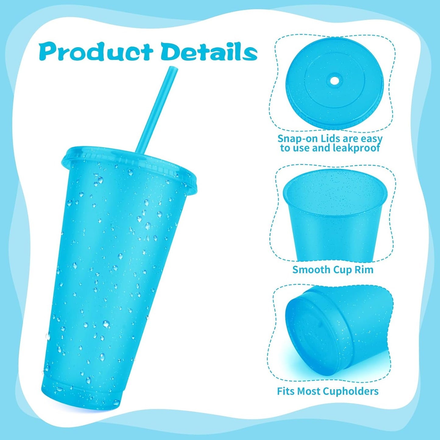 Hxezoc 16-Piece Reusable Cups with Lids and Straws, 24 oz Glitter Plastic Tumbler Iced Coffee Cups Travel Mug Cup for Smoothie Juices Beach or Bachelor Party (Black)