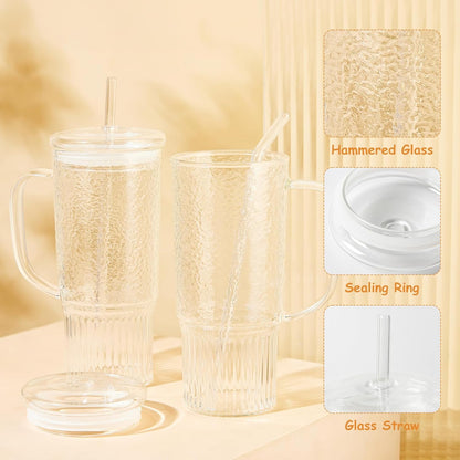 JunVpic Glass Cups with Lids and Straws,24oz Glass Tumbler with Handle Iced Coffee Cup for Coffee,Juice,Tea,Milk,Smoothie,Hot & Cold Drinks (Pink)