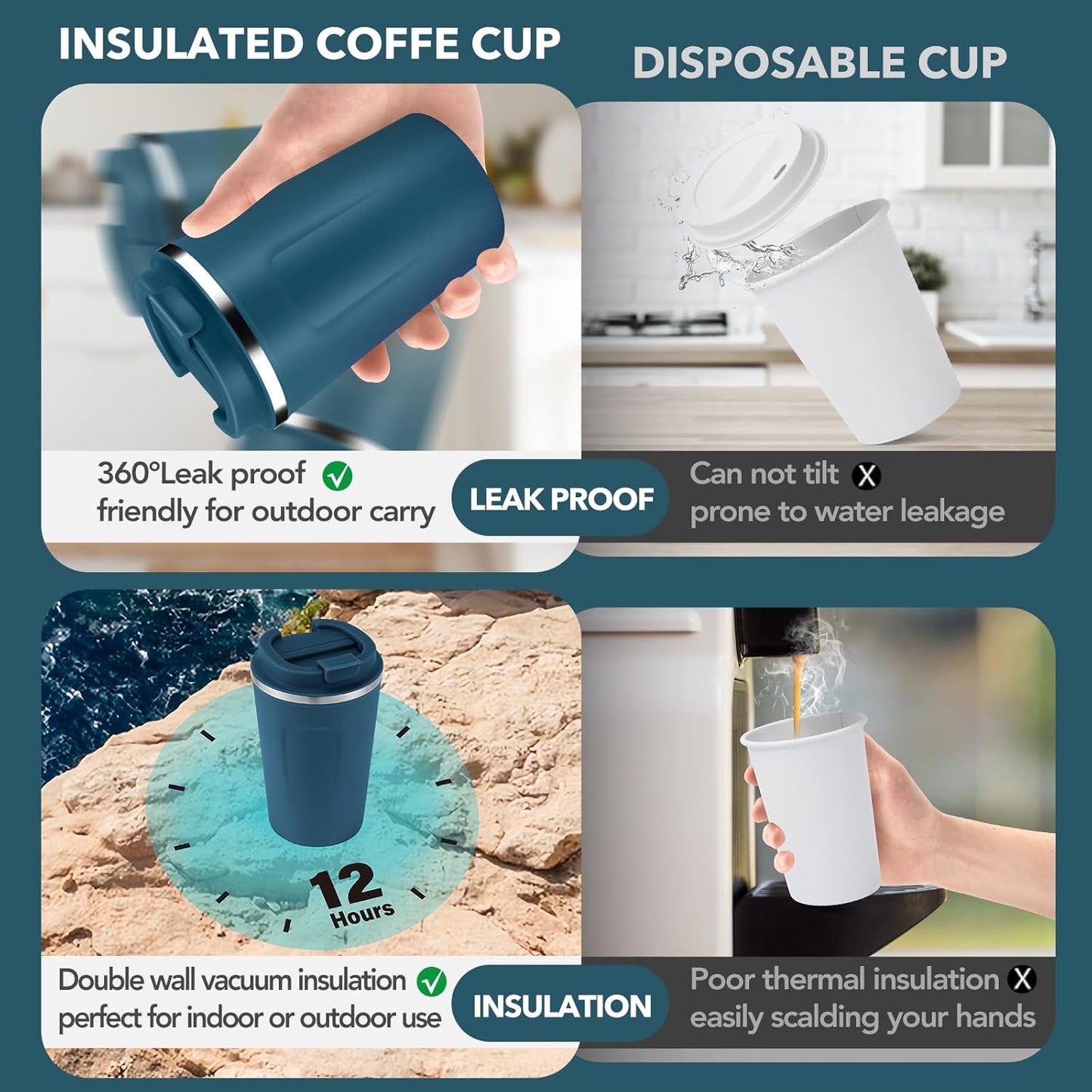 Volhoply 12 oz Double Wall Insulated Vacuum Travel Coffee Mugs with Flip Lid Bulk 2 Pack,Reusable Stainless Steel Leak Proof Coffee Cup,Portable Cafe Thermal Tumbler for Hot & Cold Drinks(Mix,2 Set)