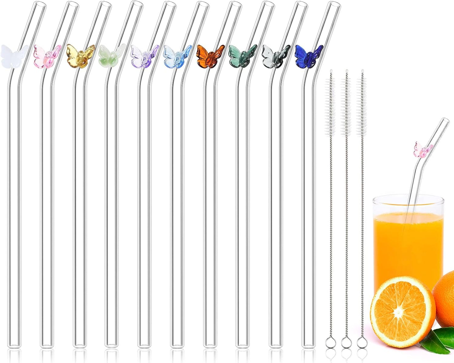 Meanplan 10 Pcs Cute Reusable Glass Straws with Design,8 mm x 7.9'' Shatter Resistant Butterfly Bow Clear Bent Glass Straw with Cleaning Brush for Drink Party Milkshakes Juice (Mixed Color)