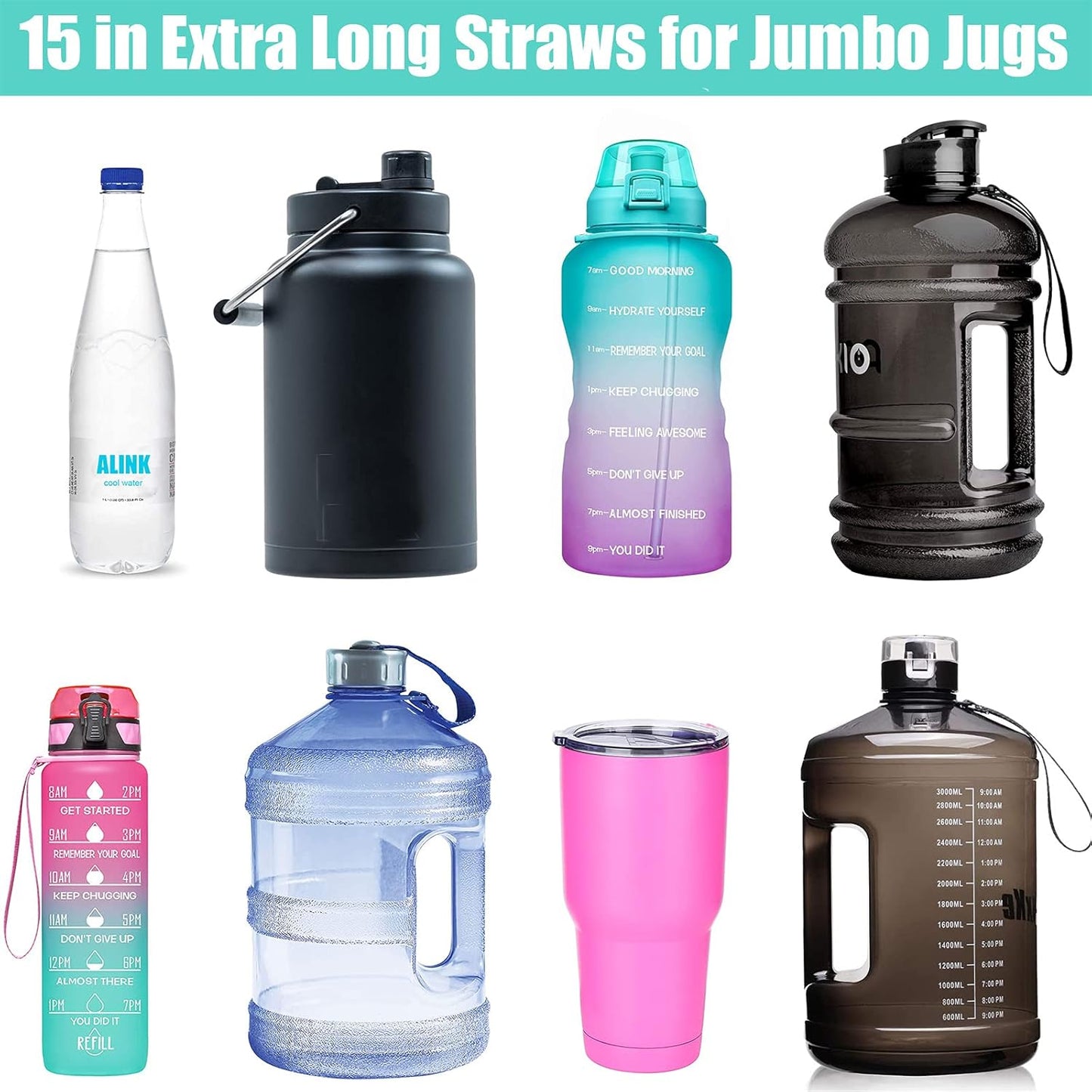 ALINK 15 inch Extra Long Reusable Silicone Straws, 4-Pack Flexible Straws for Stanley 40 oz Tumbler, 1 Gallon Water Bottles, 128 64 30 oz Jug Cup with Cleaning Brush