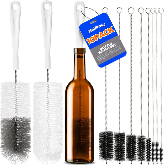 Holikme 10 Pack Bottle Brush Cleaner Set, 15" Long Handle Bottle Cleaner Brush, Flexible Long Handle Water Bottle Brush for Narrow Neck Beer Wine, 8 Straws, Abrasive Spiral Brushes, White Grey