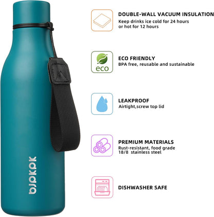 BJPKPK Insulated Water Bottles, 18 oz Stainless Steel Metal Water Bottle with Strap, BPA Free Leak Proof Jugs, Mugs, Flasks, Reusable Thermal Flasks for Sports & Travel, Black - Colors A