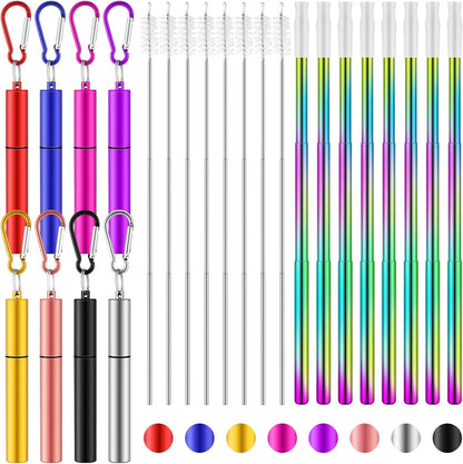 Zubebe 8 Pack Metal Reusable Straw Collapsible Straws Stainless Steel Drinking Straw with Plastic Case Silicone Tip and Cleaning Brush and Keychain Long Telescopic Portable for Travel Work