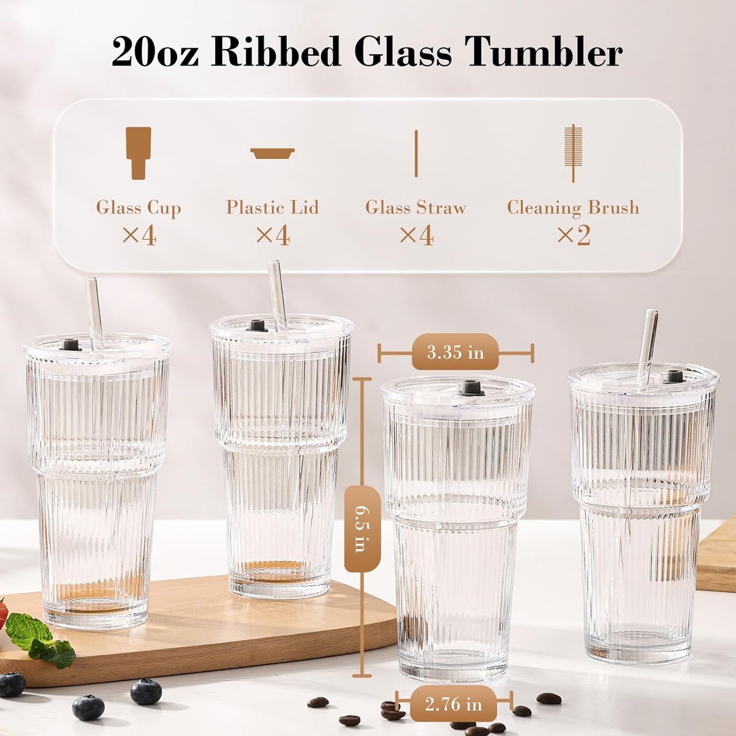 GOSCHE 20oz Ribbed Glass Tumbler with Straw and Lid, Clear Iced Coffee Cups Vintage Glassware, Glass Cups with Lids and Straws for Smoothie Water Tea Juice, Clear, 2 Pack