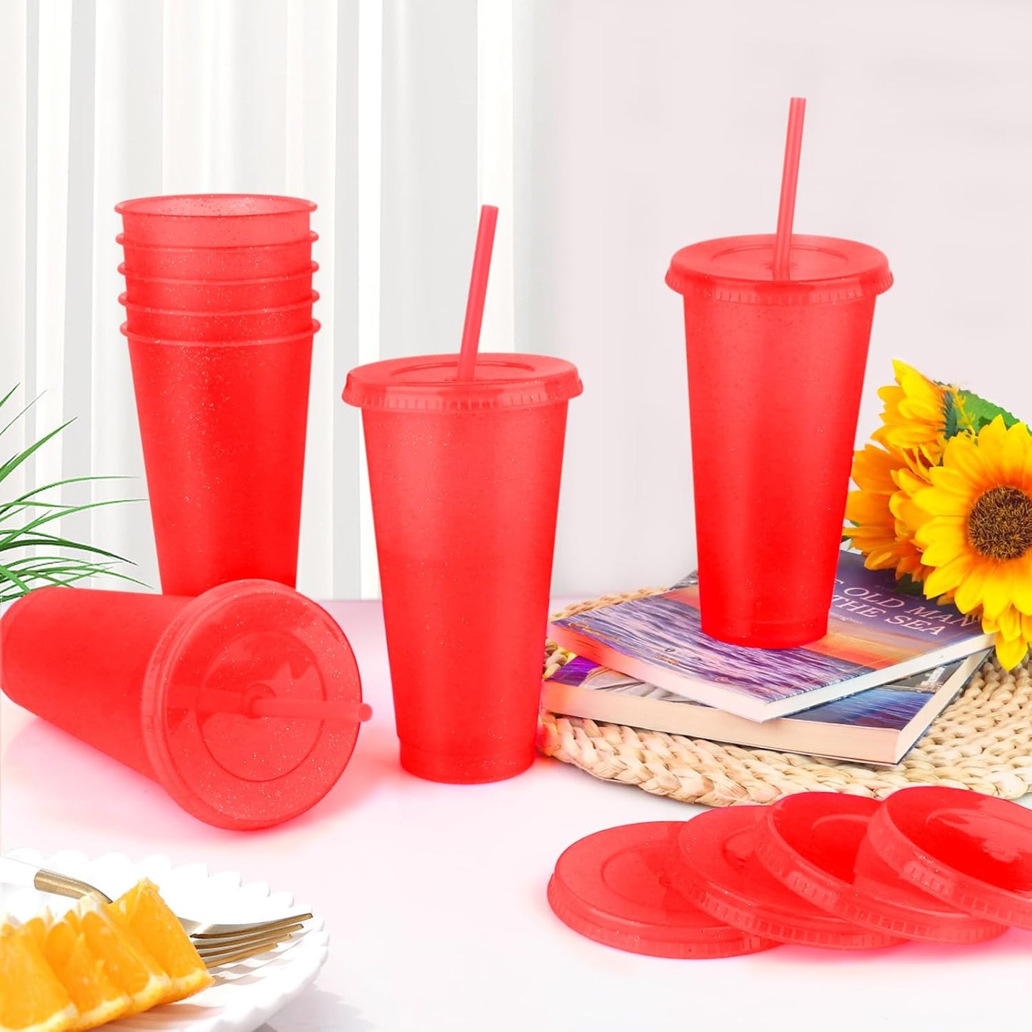Hxezoc 16-Piece Reusable Cups with Lids and Straws, 24 oz Glitter Plastic Tumbler Iced Coffee Cups Travel Mug Cup for Smoothie Juices Beach or Bachelor Party (Black)