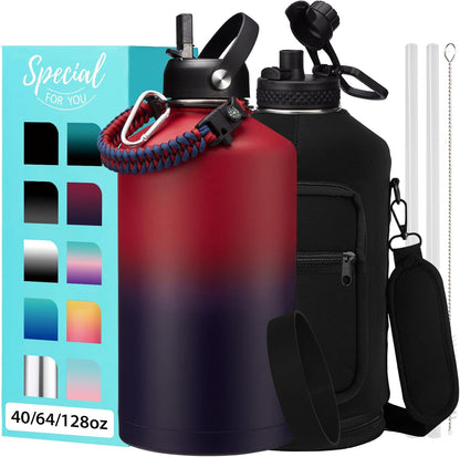 32/40/64OZ Insulated Water Bottle - Keep Cold 48H Hot 24H, Combo Straw/Spout Lids, Paracord Handle for Gym/Hiking, Carrier Bag +Strap, Cup Mat, BPA-Free Stainless Steel Flask Jug