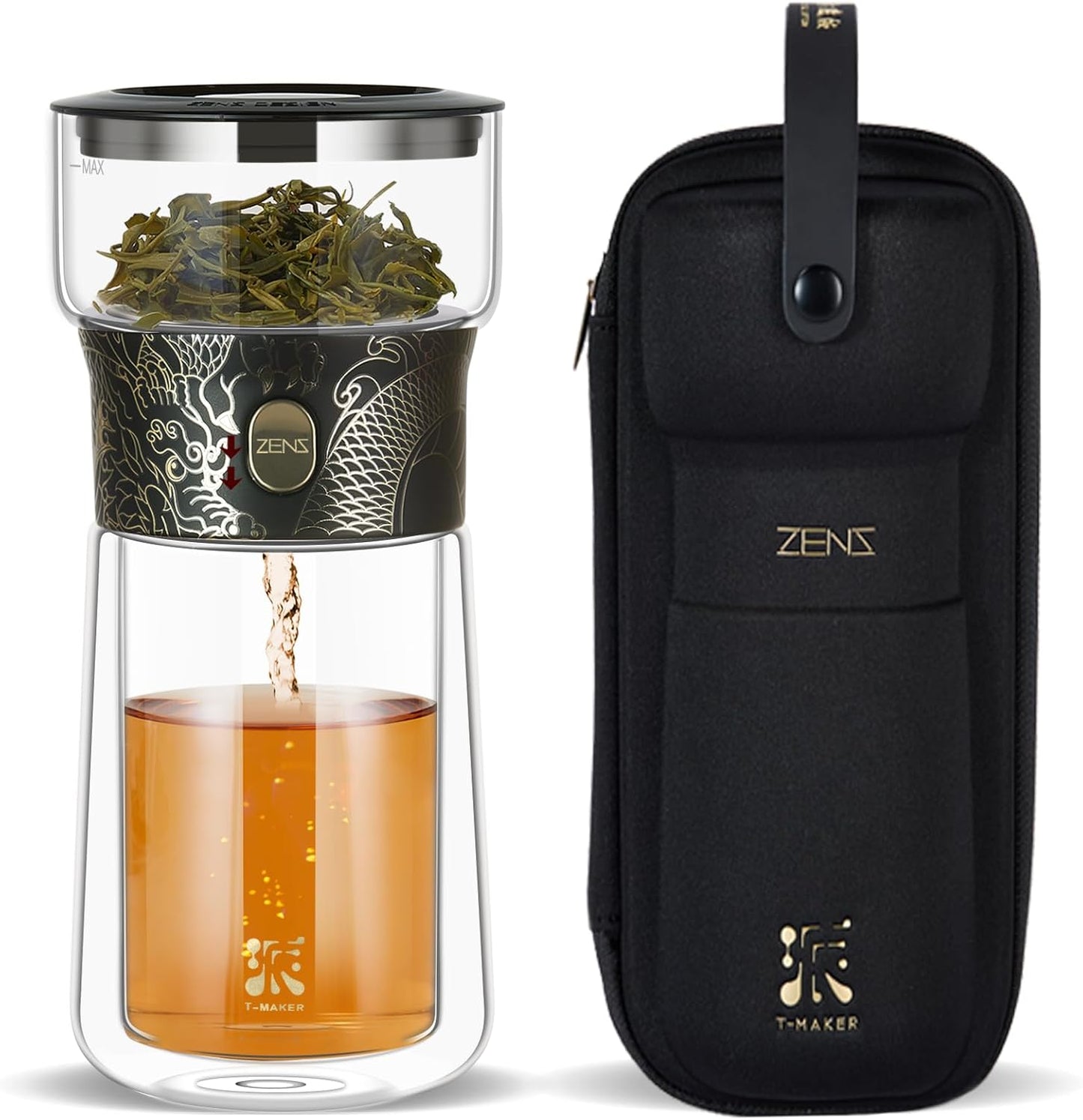 ZENS Modern Glass Infuser Teapot, One Touch Tea Maker for Loose Leaf Tea with Insulated Mug and Portable Case. Enchanted Pot Alternatives for Tea Lover Gifts
