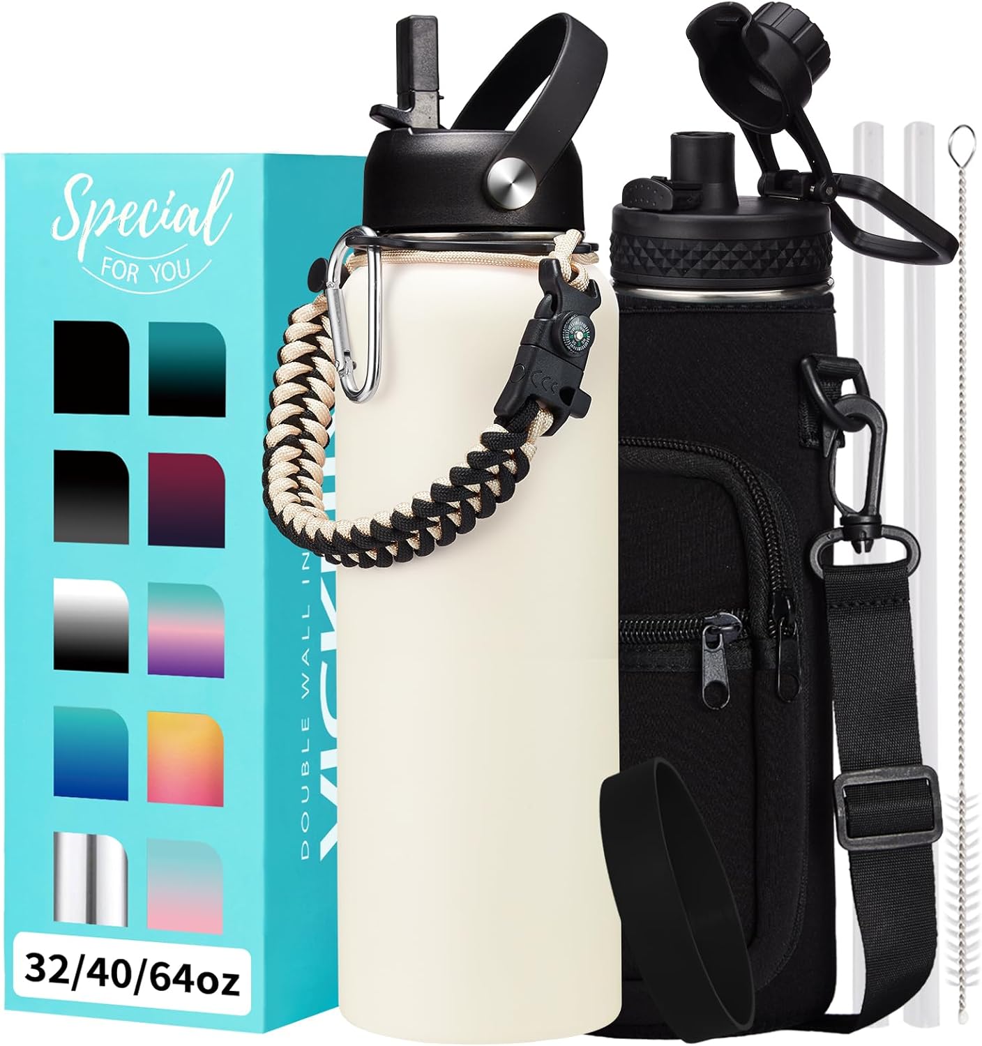 32/40/64OZ Insulated Water Bottle - Keep Cold 48H Hot 24H, Combo Straw/Spout Lids, Paracord Handle for Gym/Hiking, Carrier Bag +Strap, Cup Mat, BPA-Free Stainless Steel Flask Jug