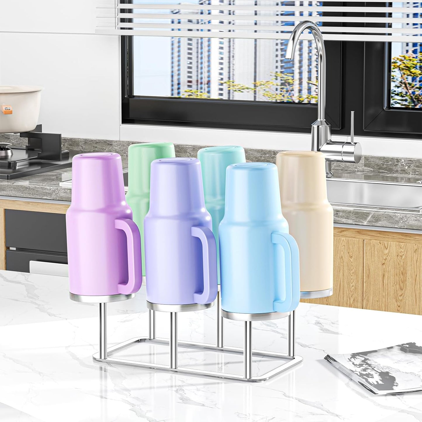 Water Bottle Drying Rack Reusable Bottle Rack Dryer Kitchen Stand Holder Metal Countertop Baby Bottle Drying Rack Water Cup Drying Rack for Plastic Bags, Bottles and Cups (Sliver, Small)