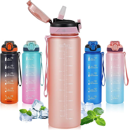 Water Bottle with Straw 1L,Boys Water Bottles with Straw 1 Litre,Waterbottle Leak-Proof Sports Water Bottle,Plastic Drinks Bottles Toxin Free，Bpa-Free (Cyan Black)