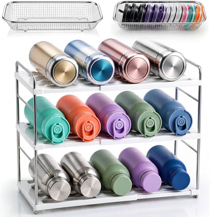 Sawysine 3 Pcs Tumbler Storage Set, Expandable Water Bottle Organizer for Cabinet, Include 2 Stainless Steel Cup Lid Organizer and 3 Tier Adjustable Bottle Holder Rack for Kitchen, Sport Flask, Fridge