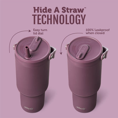 Ello Oasis Go+ 26oz Tumbler with Top Handle and Retracting Straw | Reusable Insulated Stainless Steel Cup, 100% Leakproof Water Bottle, 24 Hours Cold, Cup Holder Friendly For Travel | Wild Rasberry