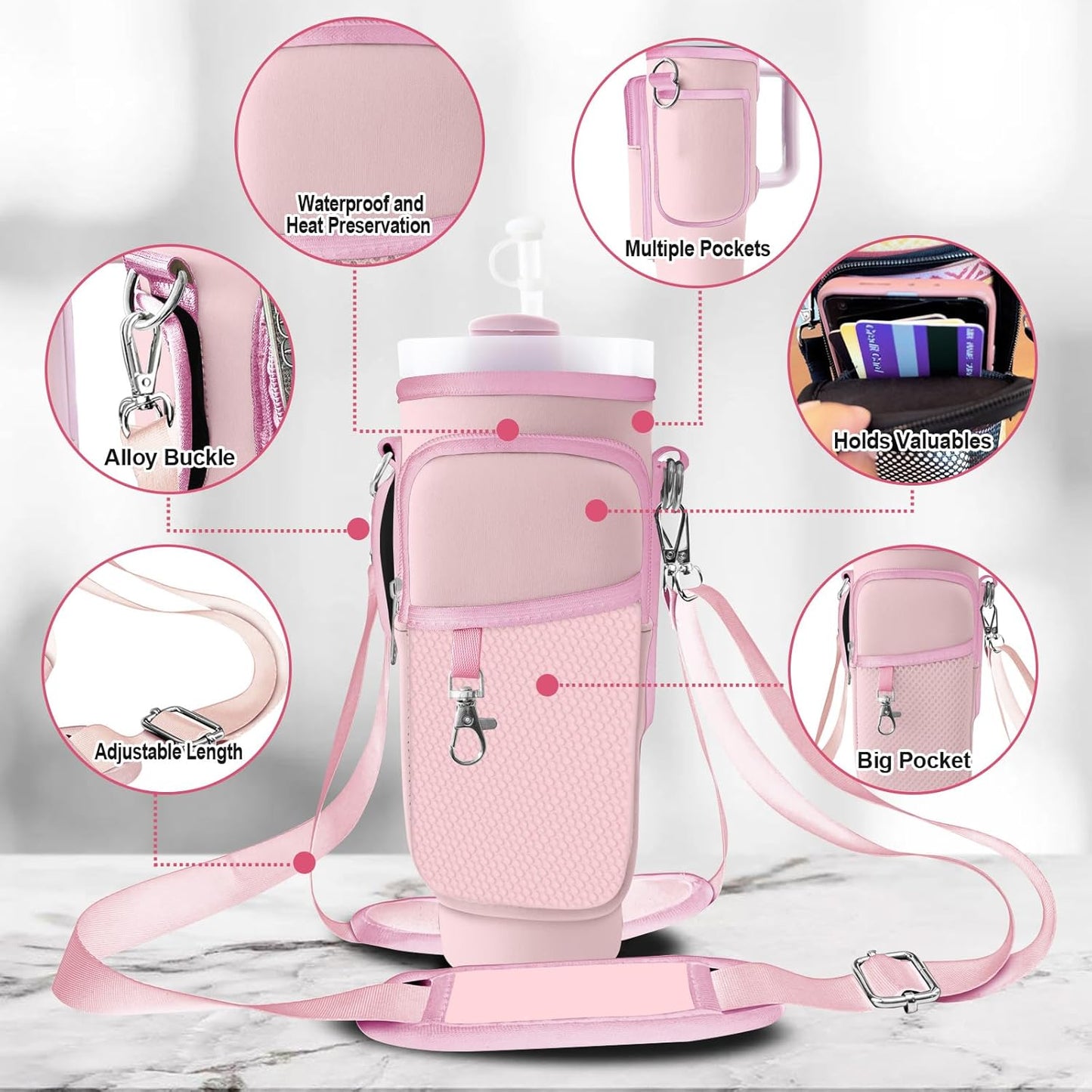 Stanley Carrier Bag for Stanley 40oz/30ozTumbler with Phone with 2 Adjustable Strap,3 Pockets Bottle Stanley Cup Carrier Bag & Case,Accessories for Hiking Travelling